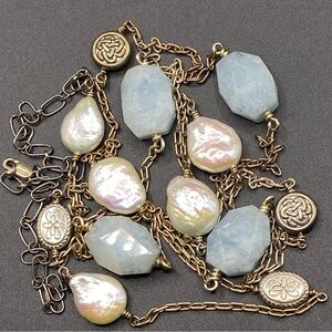 Natural Stone & Pearl Beads Silver Tone Chain Necklace 42”